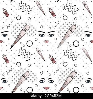 Vector seamless pattern of equipment for permanent make-up. Used for backgrounds on the site, business cards, wallpaper, textiles. Stock Vector