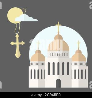 Church icon isolated on dark background. Vector illustration for religion architecture design. Cartoon church building silhouette with cross, chapel, Stock Vector