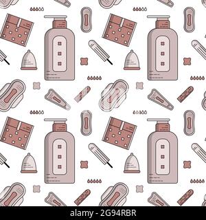 Vector seamless flat pattern of feminine hygiene items for menstruation. Stock Vector