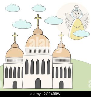 Vector church, temple, chapel with domes and crosses. Religion is Christianity Baptism. . Landscape grass angel in the clouds in the sky. Illustration Stock Vector