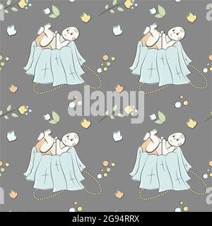 Vector seamless pattern of hand-drawn doodle elements. Baby, flowers, decorations, leaves. Used for backgrounds, cards, wallpapers, wrapping paper Stock Vector