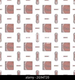 Vector seamless flat pattern of feminine hygiene items for menstruation. Stock Vector