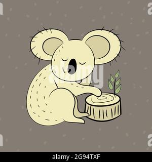 Koala, a hand drawn vector illustration of a cute koala, the koala, white line, and background trees are on separate groups for easy editing. Stock Vector