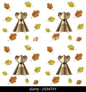 Colorful seamless pattern of brown bear and leaves cut out of paper. Vector forest illustration on white background. Simple cartoon flat style. The be Stock Vector
