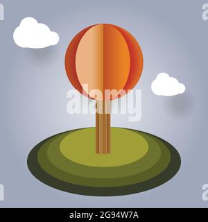 Vector tree from paper with white clouds. origami application Stock Vector