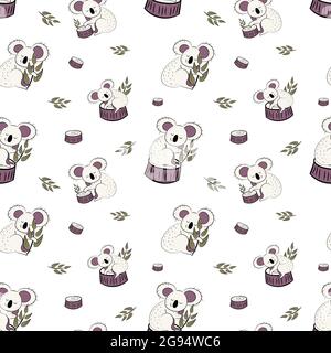 Cute bear koala doodle seamless pattern. Vector background with koalas can be used for baby textile, tshirt, wallpapers, posters and more. Stock Vector