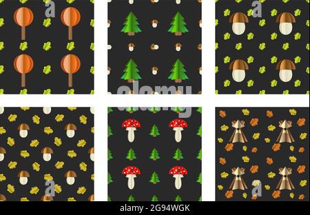 set of seamless 3D textures with volume elements and shadow. Autumn theme, nature forest and animals. Mushrooms, spruce leaves. Use for site backgroun Stock Vector