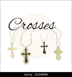 Vector set of church crosses on a chain. Isolated objects, elements drawn hand in the style of doodle Stock Vector