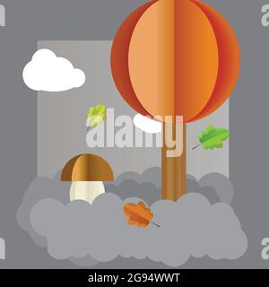 Vector autumn landscape, tree, mushroom leaves. Stock Vector