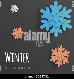 Vector volumetric snowflakes 3d, paper cut. Background for postcards, sites, wallpapers, posters, posters Stock Vector