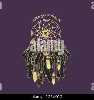 Vintage dreamcatcher with feathers and crystals and hand lettering Catch Your Dream Stock Vector