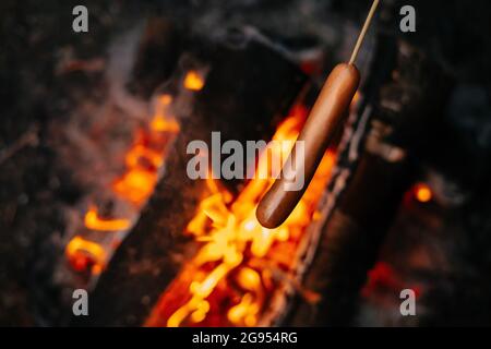 Picnic in the forest with a fire and sausages Stock Photo