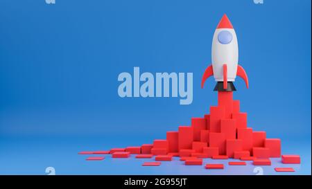 Rocket ship flies up with finance graph chart on blue background.Business startup concept.3d model and illustration. Stock Photo