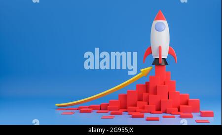 Rocket ship flies up with finance graph chart on blue background ...