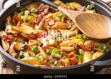 Rustic style fried potatoes with onions, mushrooms and bacon close-up in a frying pan. horizontal Stock Photo