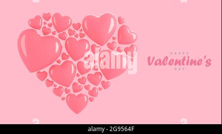 Happy valentine day banner with many hearts 3d objects on pink ...