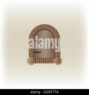 Old Wooden Arch Window, Closed window, Made of Wooden Planks with Iron Hinges old town windows illustration Stock Vector