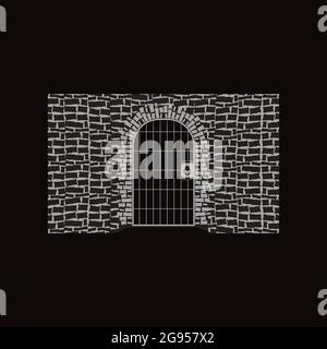 Vector Retro Gate of Wood and Stone with Ring Handle on Black Background Stock Vector