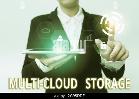 Text caption presenting Multi Cloud Storage. Word for use of multiple cloud computing and storage services Woman In Suit Holding Tablet Pointing Stock Photo