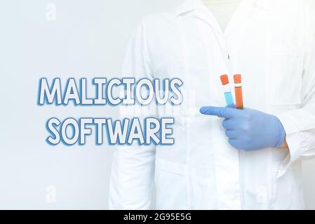 Sign displaying Malicious Software. Business concept the software that brings harm to a computer system Chemist Presenting Infection Cure, Doctor Stock Photo