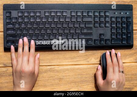 Handwriting text Database Security. Concept meaning security controls to protect databases against compromises Hands Pointing Pressing Computer Stock Photo