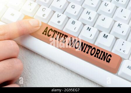 Hand writing sign Active Monitoring. Concept meaning person incharge go out and check workplace conditions Researching Software Development Solutions Stock Photo