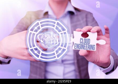Text caption presenting Cloud Engineering. Business showcase application of engineering disciplines to cloud computing Business Woman Pointing Jigsaw Stock Photo