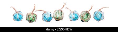 Glass fishing net round buoys. Couple glass spheres with ropes isolated on  white background. Scandinavian traditional decor Stock Photo - Alamy