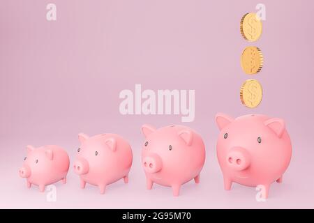 Pink piggy banks increasing in size and coins falling into largest one. Growing investment and saving concept.,3d model and illustration. Stock Photo