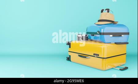 Yellow and blue suitcase with sun hat and glasses, camera on pastel background., travel concept.,3d illustration. Stock Photo