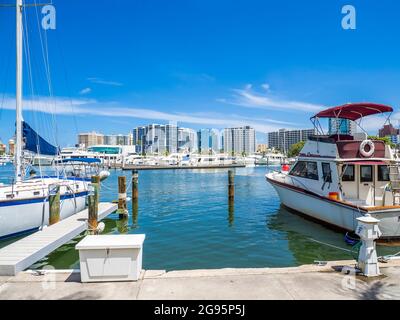 City buildings in background from marina on Sarasota Bay in Sarasota Florida USA Stock Photo