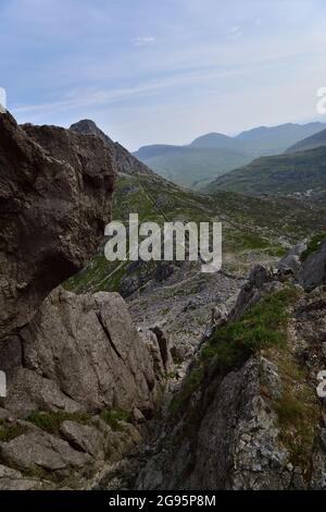 View down Bristly Ridge from Bwlch Tryfan with Tryfan summit in the distance Stock Photo