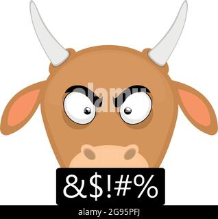 Vector emoticon  illustration cartoon of a cow's head with an angry expression and cursing Stock Vector