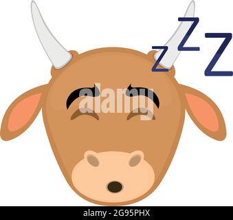 Vector emoticon illustration cartoon of a cow's head with tired expression and its eyes closed and snoring with its mouth open, sleeping Stock Vector
