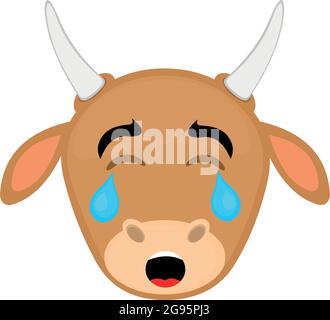 Vector emoticon illustration of a cartoon cow's face with a sad expression and crying with tears falling from its eyes Stock Vector