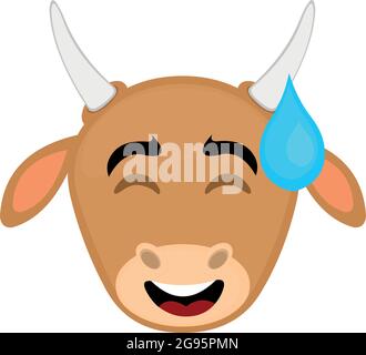 Vector emoticon illustration cartoon of a cow's head emoticon with an expression of confusion dropping a drop of sweat Stock Vector