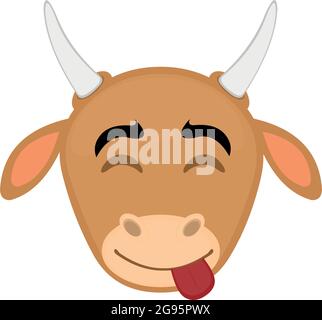Vector emoticon  illustration cartoon of a cow's head with a joyful expression of pleasure with its eyes closed and sticking out its tongue Stock Vector