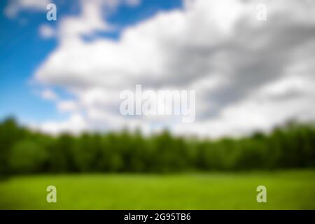Blurred landscape of green grass, forest and cloudy sky background. Stock Photo
