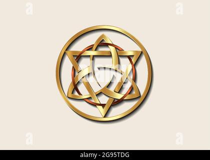 The Grand Seal of gold Triquetra with Triangle and bronze Circle logo, Luxury Metallic round Trinity Knot, Pagan Celtic symbol Triple Goddess. Wicca Stock Vector