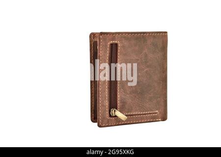 Leather wallet with zipper pocket isolated on white background with clipping path Stock Photo
