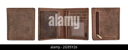 Brown Leather Wallet Isolated On White Background With Clipping Path, Brown Leather Wallet Stock Photo