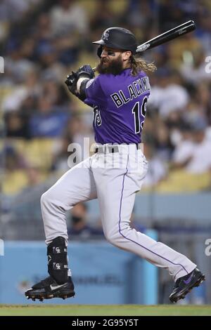 Los Angeles, CA. 23rd July, 2021. Colorado Rockies right fielder Charlie Blackmon (19) singles during the game between the Colorado Rockies and the Los Angeles Dodgers at Dodger Stadium in Los Angeles, CA. (Photo by Peter Joneleit). Credit: csm/Alamy Live News Stock Photo