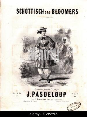 Schottisch des Bloomers, ca. 1853 French Sheet Music featuring a woman in Amelia Bloomer's costume. Women's suffrage and ;liberation. Stock Photo