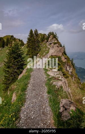 Schynige Platte, Bernese Oberland, Switzerland - Aerial Panorama View with Swiss Alps Eiger, Mönch and Jungfrau mountains in the background Stock Photo