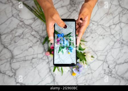 Anonymous florist taking photo of flowers in studio Stock Photo