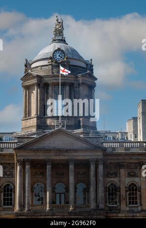 The England flag on Town Hall clock tower in Liverpool Stock Photo