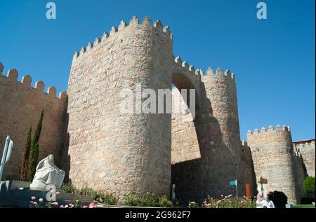 The Puerta del Alcazar (Gate of the Fortress), at the beautiful city of Avila, Spain. The medieval walls are perfectly preserved and are both a nation Stock Photo