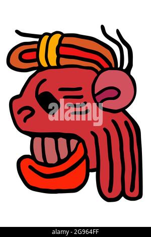 scary feline head character icon, inspired by a Mayan glyph. In red tones Stock Vector