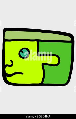 character icon, inspired by a Mayan glyph. Green square head with sad expression Stock Vector
