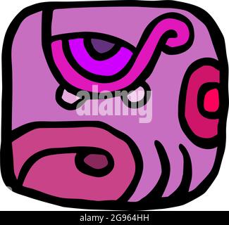character icon, inspired by a Mayan glyph. Pink color head with sad and tired expression Stock Vector